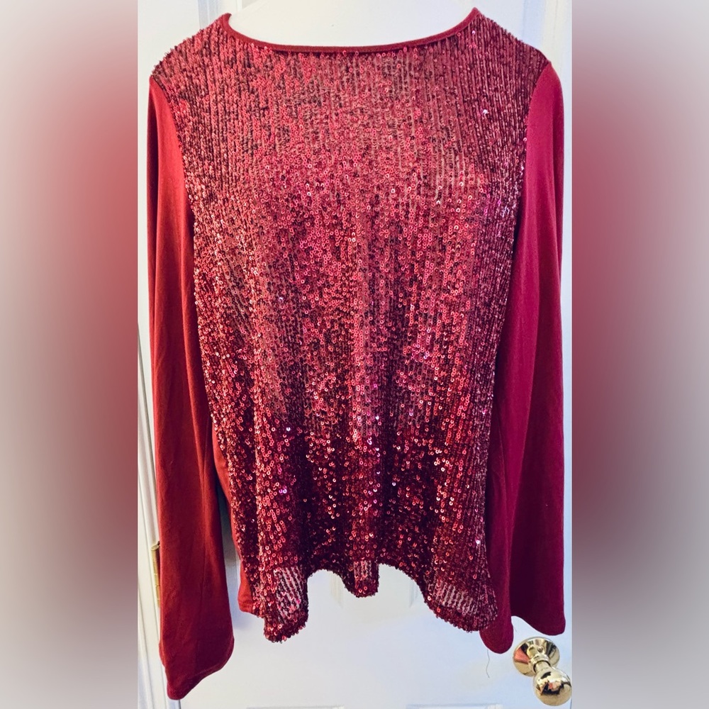 Minette Sequin Top burgundy red jersey back & long bell sleeves evening large